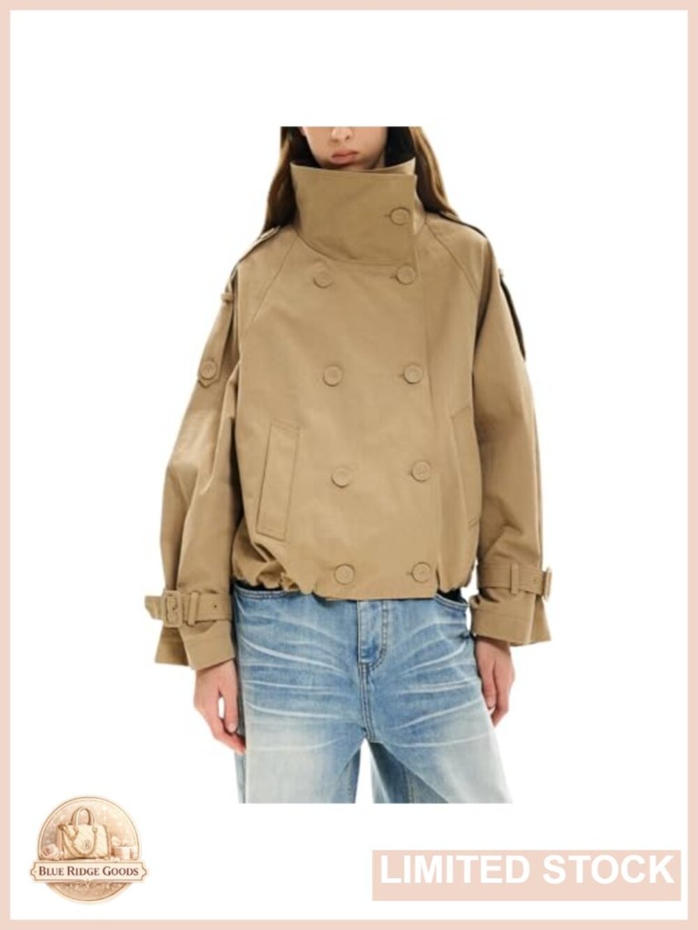 Cropped Trench Coat Funnel Neck Double Breasted Pleated Hem Pockets